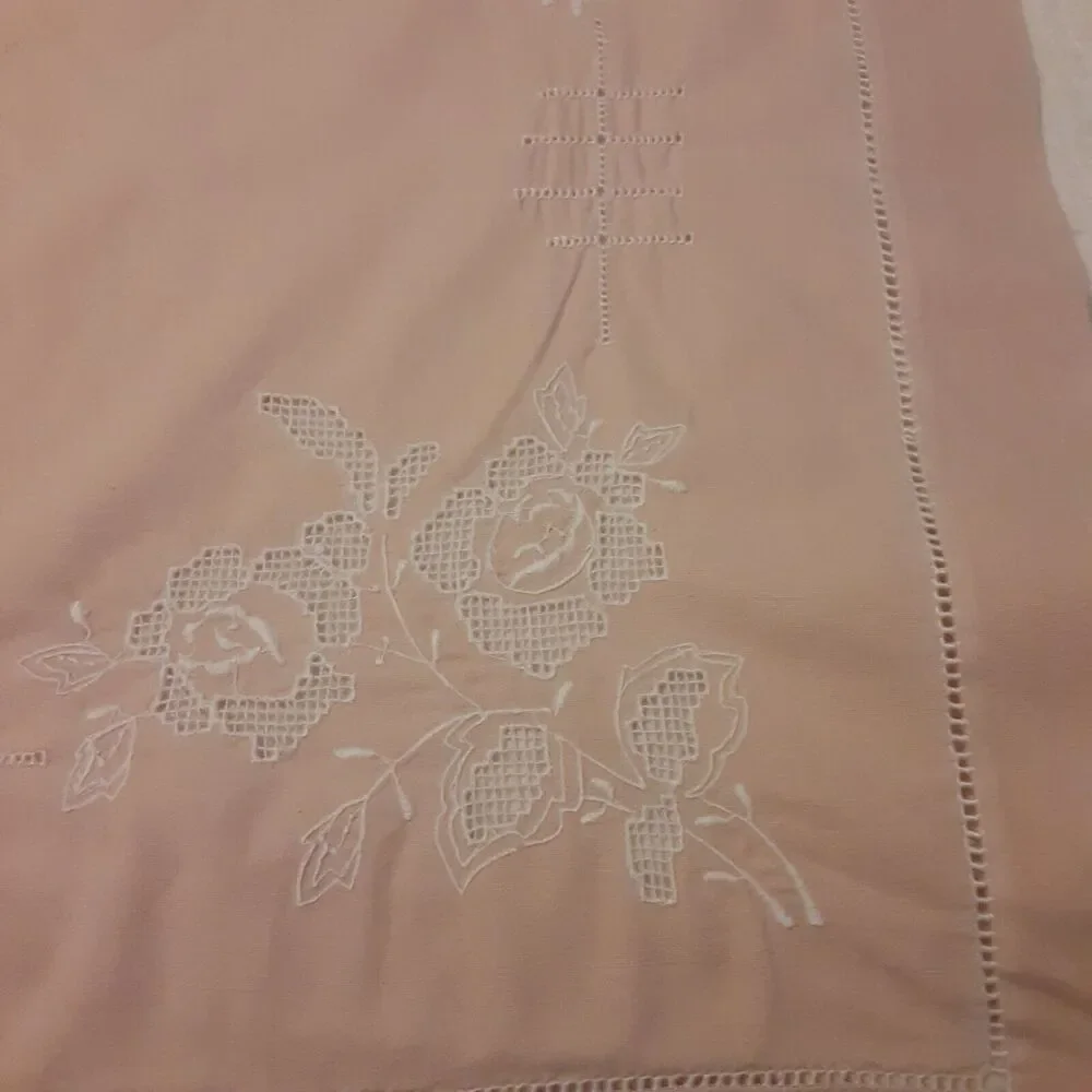 Vintage Tablecloth & Napkin Set Ladder Hemstitch & Floral Palest Pink Romantic
